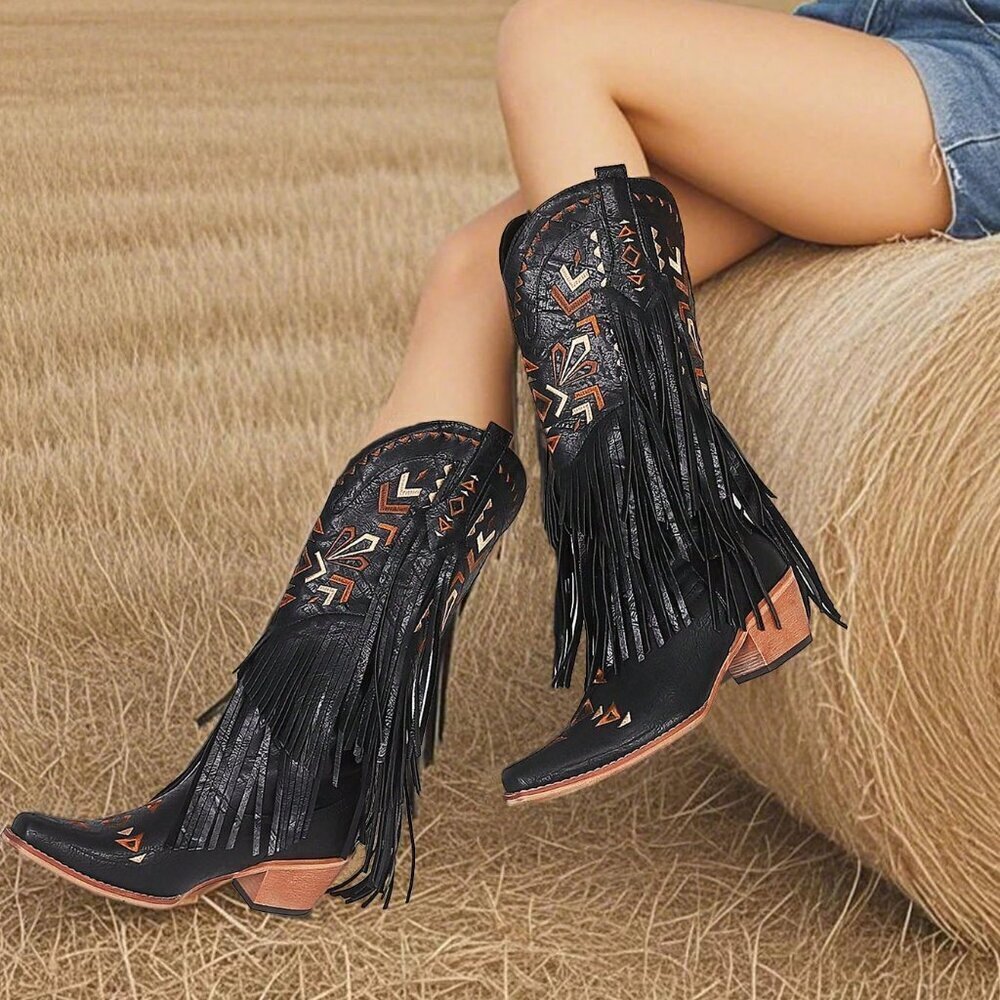 Black Bohemian Women's Fringe Tassel Cowgirl Western Chunky High Heels Boots